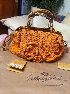 Patricia Nash Boho Orange Crochet Bamboo-Handle Satchel with Floral Appliqué